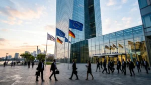 Bâtiment du siège de la Banque Centrale Européenne à Francfort avec drapeaux européens