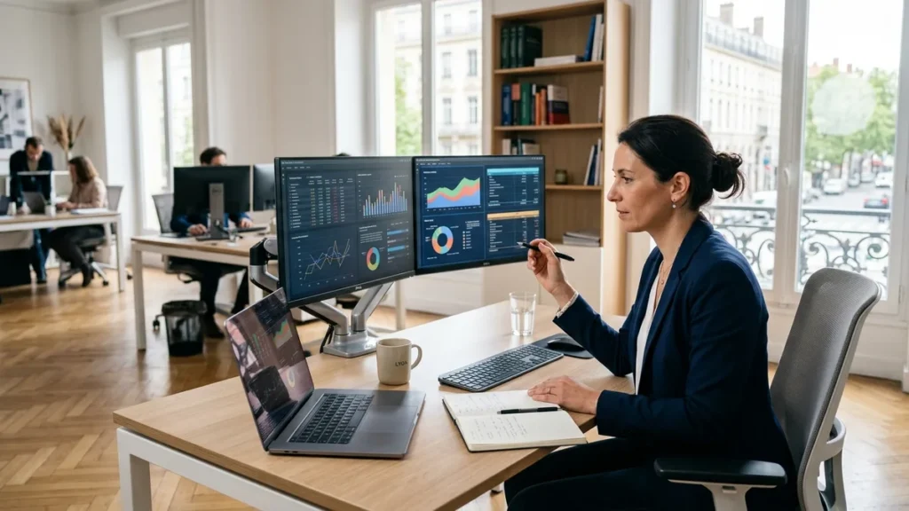 Conseiller en gestion de patrimoine analysant des simulations fiscales immobilières LMNP et Pinel dans un bureau élégant