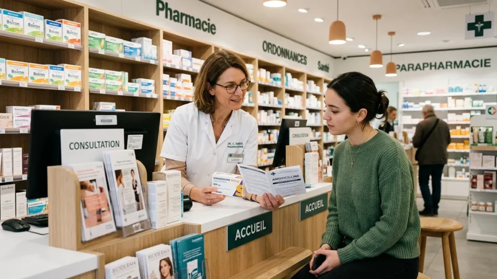 Patiente consultant sa pharmacienne au sujet de sa pilule contraceptive en France