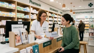 Patiente consultant sa pharmacienne au sujet de sa pilule contraceptive en France