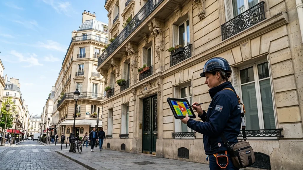 Diagnostiqueur immobilier avec tablette thermique devant un immeuble résidentiel parisien