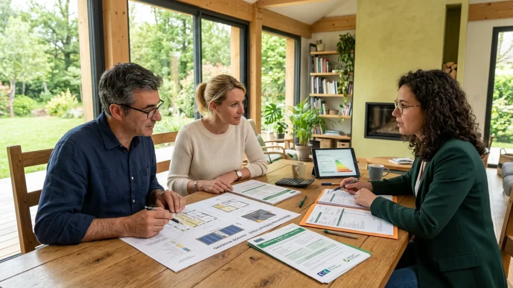 Couple français et conseiller bancaire examinant le plan de financement Éco-PTZ pour des travaux de rénovation énergétique