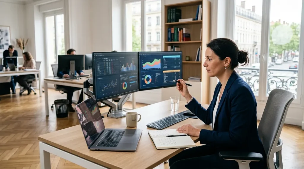 Expert-comptable professionnel en France analysant des bilans et graphiques financiers sur ordinateur portable
