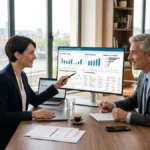 Directrice financière et expert comptable validant des factures électroniques sur écran