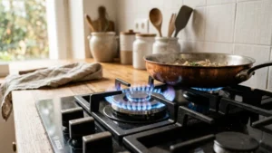 Flamme de gaz bleue sur cuisinière moderne dans une cuisine illustrant la hausse des tarifs du gaz