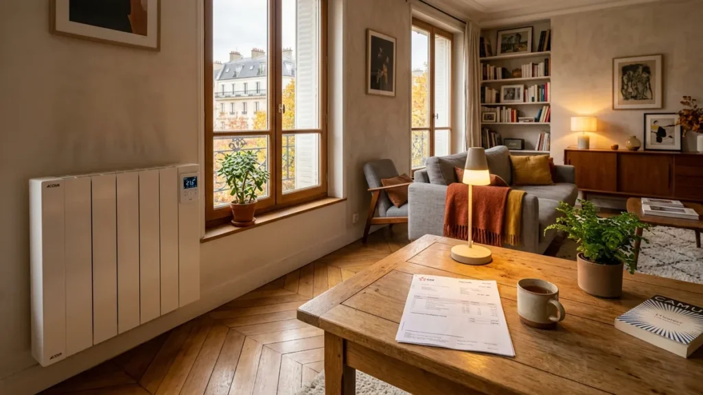 Salon chauffé avec radiateur moderne à thermostat économique en France