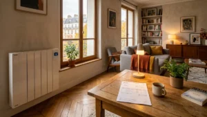 Salon chauffé avec radiateur moderne à thermostat économique en France
