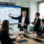 Économistes et analystes financiers français examinant les données de croissance Insee et d'inflation sur grand écran