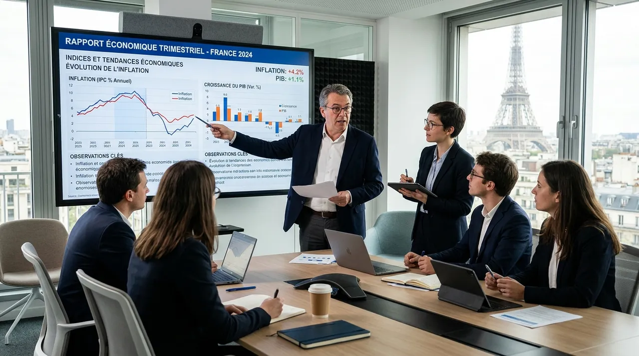 Économistes et analystes financiers français examinant les données de croissance Insee et d'inflation sur grand écran