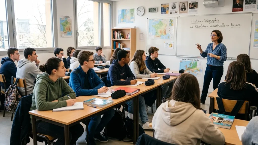 Élèves de lycée attentifs en classe sans smartphone rentrée scolaire 2026 en France