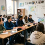 Élèves de lycée attentifs en classe sans smartphone rentrée scolaire 2026 en France