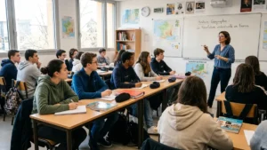 Élèves de lycée attentifs en classe sans smartphone rentrée scolaire 2026 en France