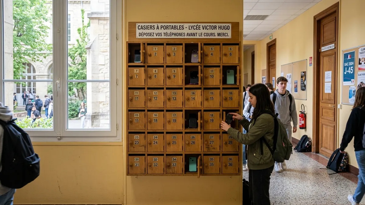 Casiers de dépôt sécurisé pour téléphones portables dans un couloir de lycée