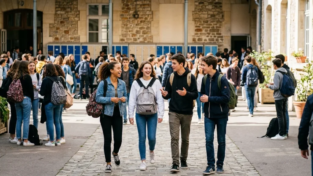 Lycéens discutant joyeusement dans la cour de leur lycée en pause sans smartphone