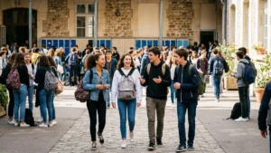 Lycéens discutant joyeusement dans la cour de leur lycée en pause sans smartphone