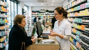 Pharmacienne en officine délivrant un médicament biologique biosimilaire