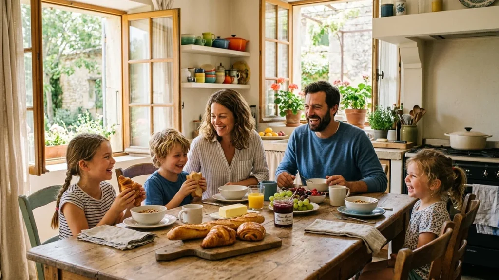 Famille nombreuse réunie dans une cuisine lumineuse