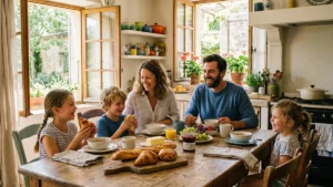 Famille nombreuse réunie dans une cuisine lumineuse
