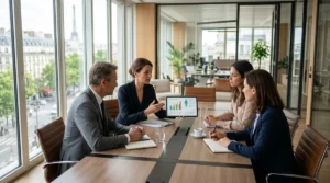 Réunion professionnelle en entreprise sur la mutuelle santé d'entreprise et loi Madelin