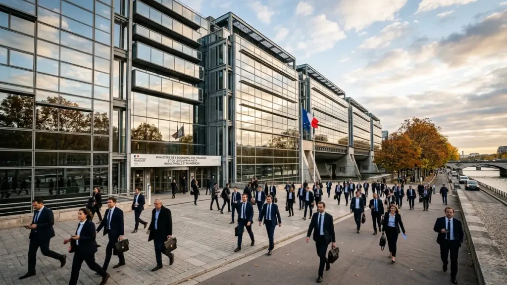 Ministère de l'Économie et des Finances de Bercy à Paris avec silhouettes de cadres financiers