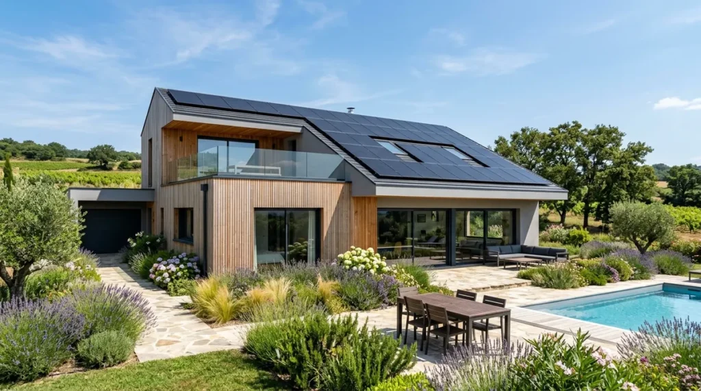 Maison contemporaine en France équipée de panneaux solaires photovoltaïques en toiture
