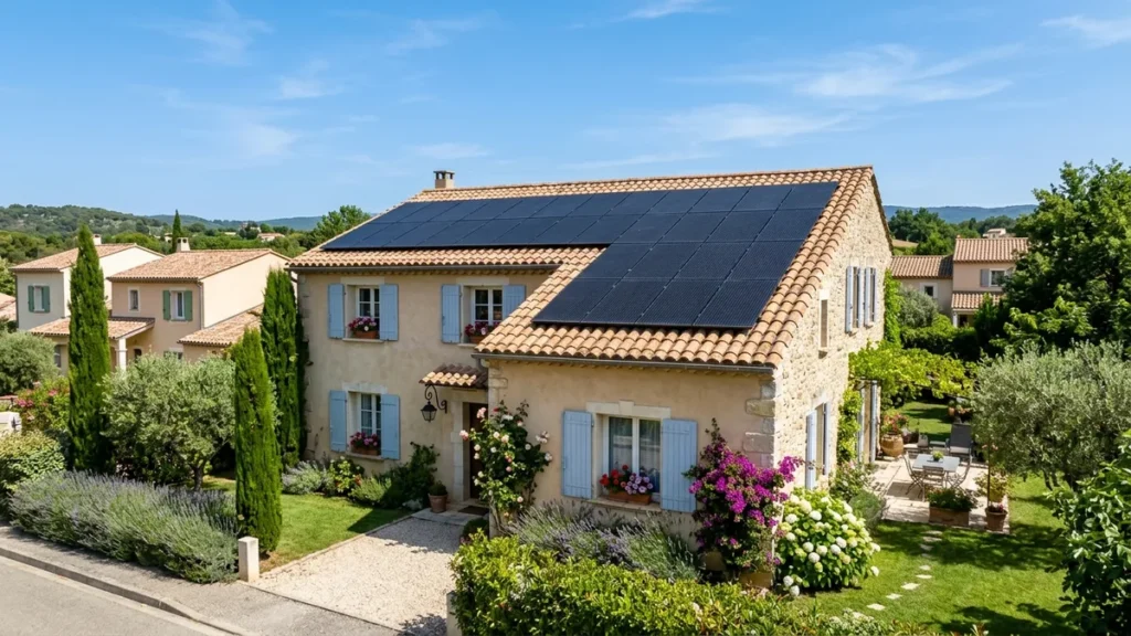 Maison provençale moderne équipée de panneaux solaires photovoltaïques noirs sur toiture en tuiles