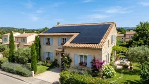 Maison provençale moderne équipée de panneaux solaires photovoltaïques noirs sur toiture en tuiles