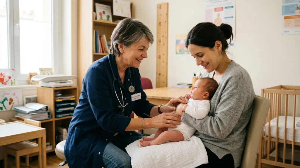 Pédiatre examinant avec bienveillance un nourrisson dans les bras de sa mère en consultation préventive