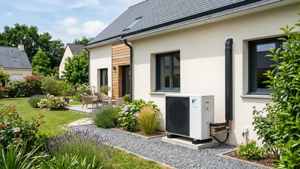 Unité extérieure de pompe à chaleur air-eau moderne installée sur le côté d'un pavillon résidentiel français