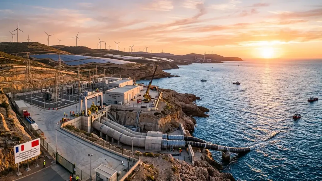 Station côtière d'atterrage de câble électrique sous-marin en Méditerranée au lever du soleil