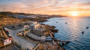 Station côtière d'atterrage de câble électrique sous-marin en Méditerranée au lever du soleil