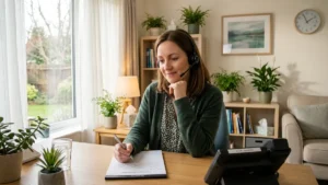 Écoutante professionnelle chaleureuse avec micro-casque répondant au 3114