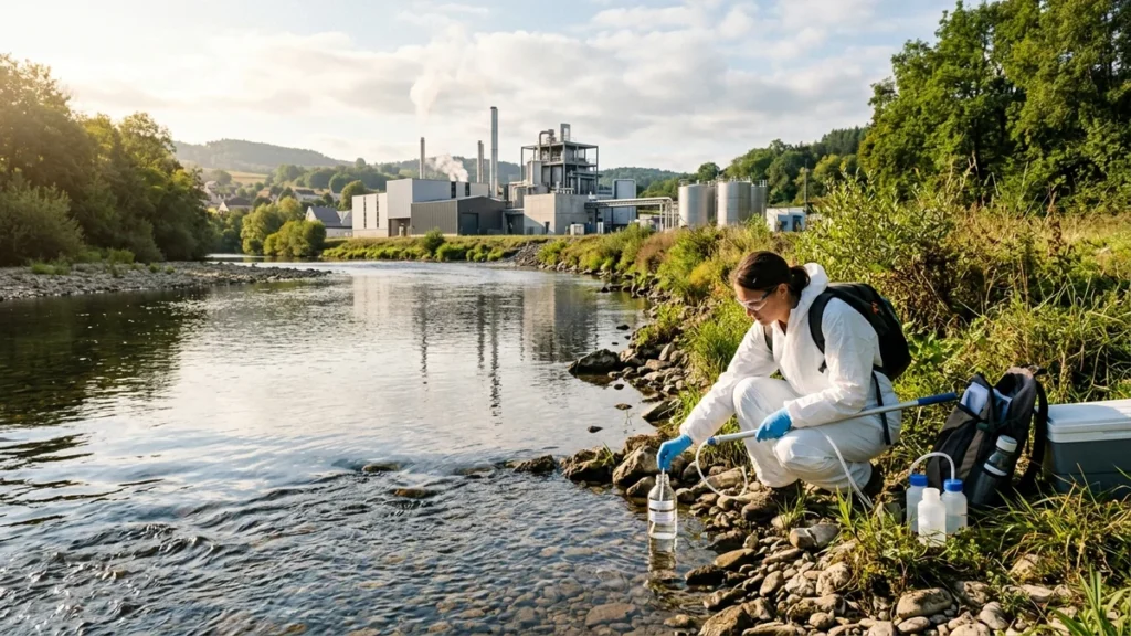 Prélèvement d'échantillons d'eau en rivière près d'un site industriel pour analyse des polluants éternels PFAS