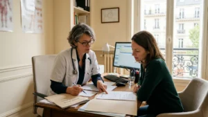Médecin généraliste et salariée en consultation médicale examinant un certificat d'arrêt de travail