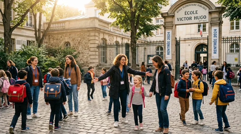 Élèves et enseignants dans une cour d'école élémentaire publique en France lors de la rentrée scolaire du 1er septembre 2026