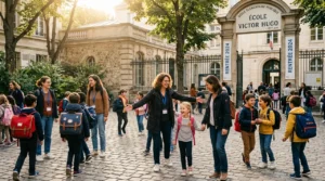 Élèves et enseignants dans une cour d'école élémentaire publique en France lors de la rentrée scolaire du 1er septembre 2026