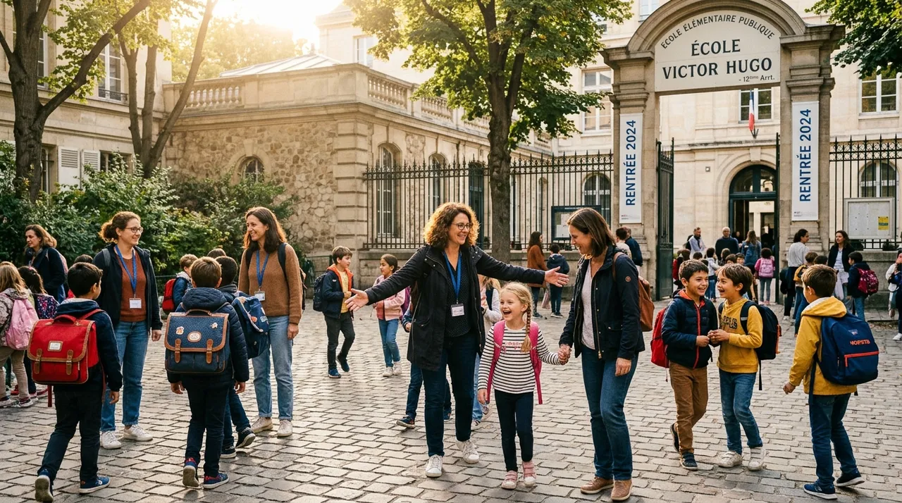 Élèves et enseignants dans une cour d'école élémentaire publique en France lors de la rentrée scolaire du 1er septembre 2026