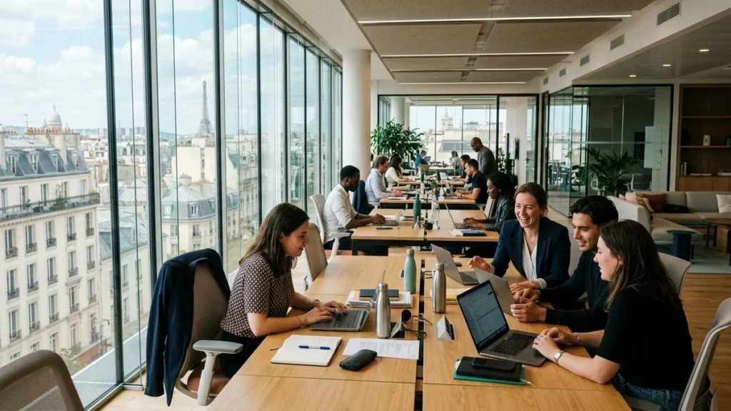 Salariés et managers travaillant en open-space hybride moderne à Paris