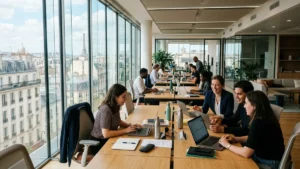 Salariés et managers travaillant en open-space hybride moderne à Paris