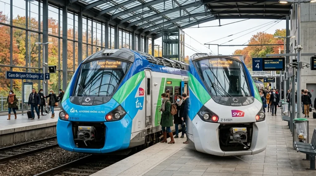 Rames de trains régionaux électriques modernes en gare française marquant le bilan de rentrée des transports décarbonés en septembre 2026
