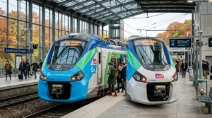 Rames de trains régionaux électriques modernes en gare française marquant le bilan de rentrée des transports décarbonés en septembre 2026