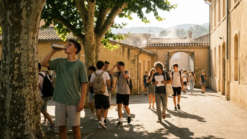 Élèves et enseignants sous la chaleur suffocante dans une cour d'école lors de la vigilance orange canicule de septembre 2026 en France