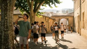 Élèves et enseignants sous la chaleur suffocante dans une cour d'école lors de la vigilance orange canicule de septembre 2026 en France