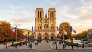 Parvis de la Cathédrale Notre-Dame de Paris pavoisé aux couleurs françaises et vaticanes