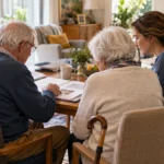 Deux personnes âgées et une proche consultent un dossier dans un salon ; scène fictive générée par IA.