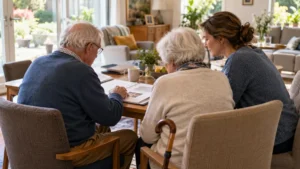Deux personnes âgées et une proche consultent un dossier dans un salon ; scène fictive générée par IA.