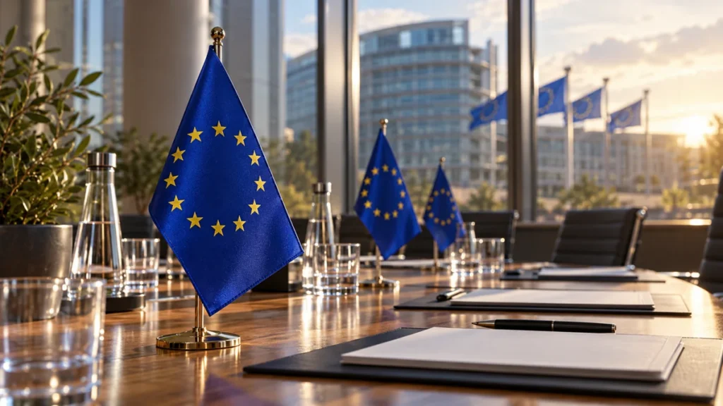 Drapeaux européens sur une table de réunion fictive, illustration générée par IA