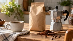 Tasse de café, sachet sans marque et cafetière sur une table ; illustration générée par IA, ne représentant pas le produit rappelé.