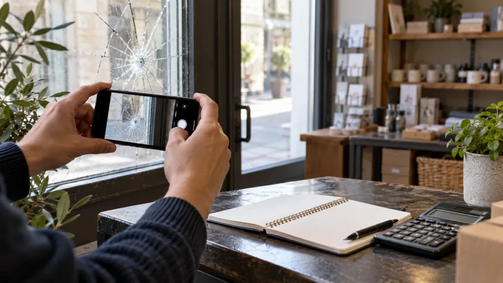 Personne photographiant une vitre fissurée dans un commerce fictif, avec carnet et calculatrice ; illustration générée par IA.