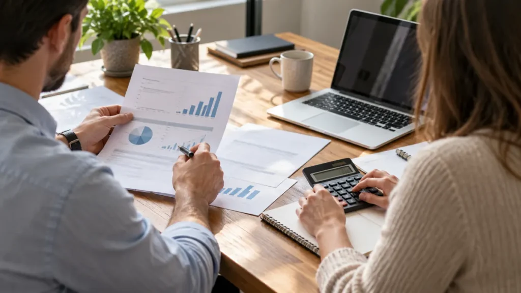 Deux adultes vus de dos examinent des documents et utilisent une calculatrice dans un bureau ; illustration générée par IA.
